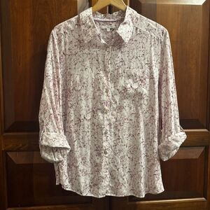 Foxcroft Easy Care Womens Purple Marble Print Tencel Roll Tab Sleeve Top Sz 18W
